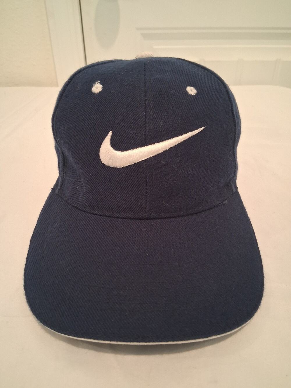 Vtg 90s Nike Center Swoosh SLM Caps Strapback Hat Wool Blend Navy Blue Spellout